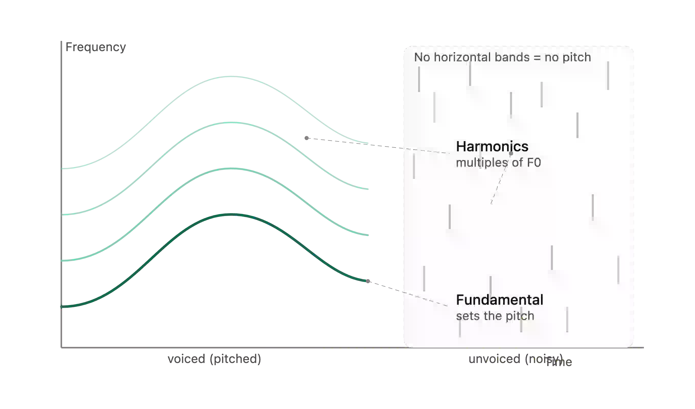 a spectrogram showing a green fundamental curve tracing a rising and falling pitch contour, with fainter parallel harmonic bands stacked above it curving in lockstep, next to a smeared, structureless scatter of noise on the right